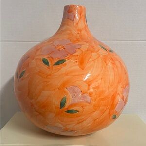 Orange Floral Ceramic Vase Made in Portugal 15 inches high